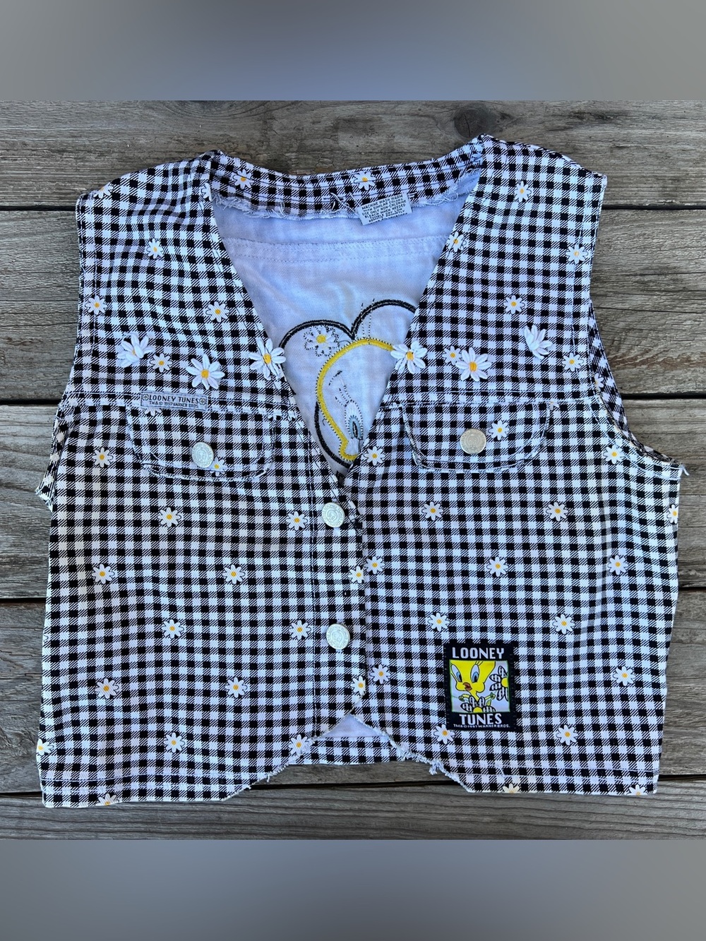 Vintage 90s Tweety Bird Warner Bros. Kids Black & White Gingham Daisy Vest